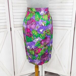St. Gillian Silk Floral Shimmer Pencil Skirt Green Purple Pink 8